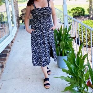 Black Floral Smocked Midi Dress